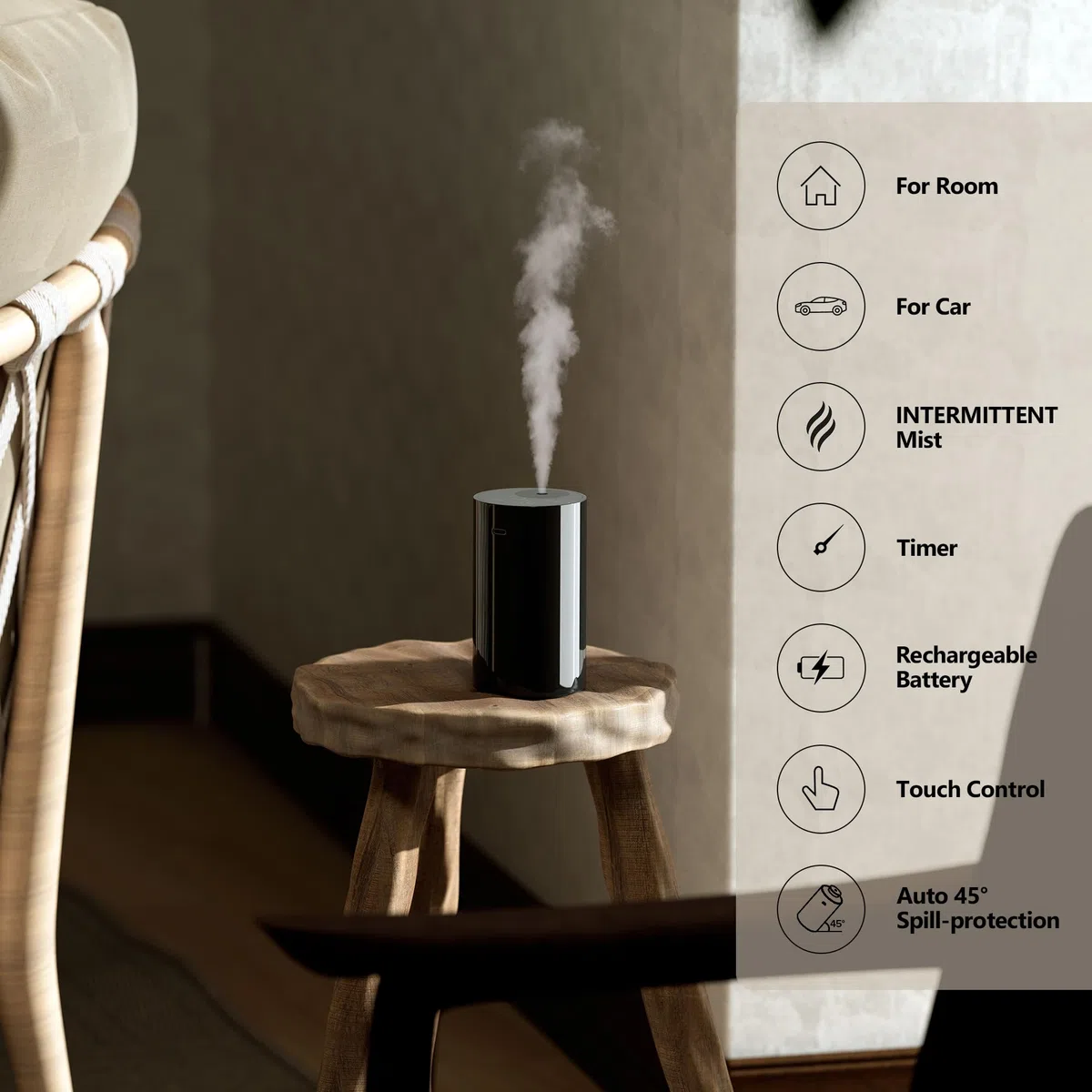 Airversa Wasserloser Diffuser, Tragbarer Aroma Diffuser kabellos, USB Wiederaufladbarer Aroma Diffusor 3 Countdown-Timer 3 Nebel Ebene, für Haus Zimmer Autos Büro AN8 Kit Schwarz