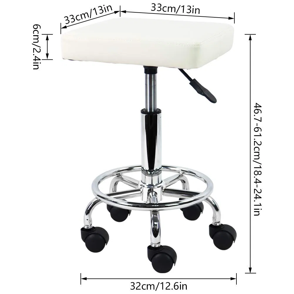 KKTONER Quadratischer Rollhocker Bürohocker höhenverstellbar 47-61cm aus PU-Leder Weiß