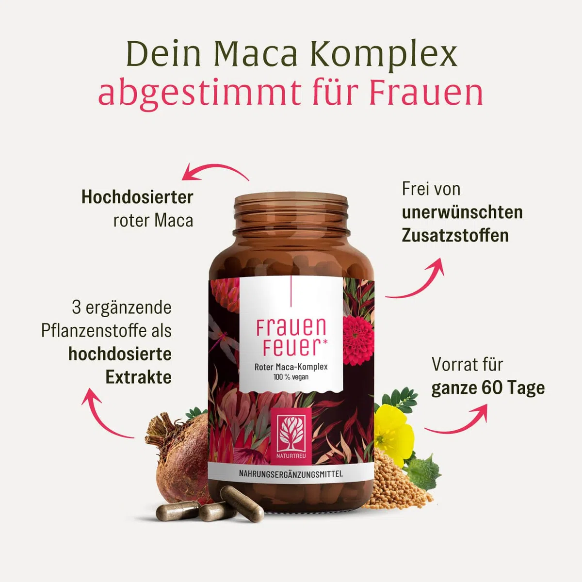 Maca Extrakt Rot 10:1 hochdosiert - Maca Komplex mit Salbei, Tribulus, Bockshornklee, Vitamin B6 & Zink für Frauen - 240 Kapseln - vegan