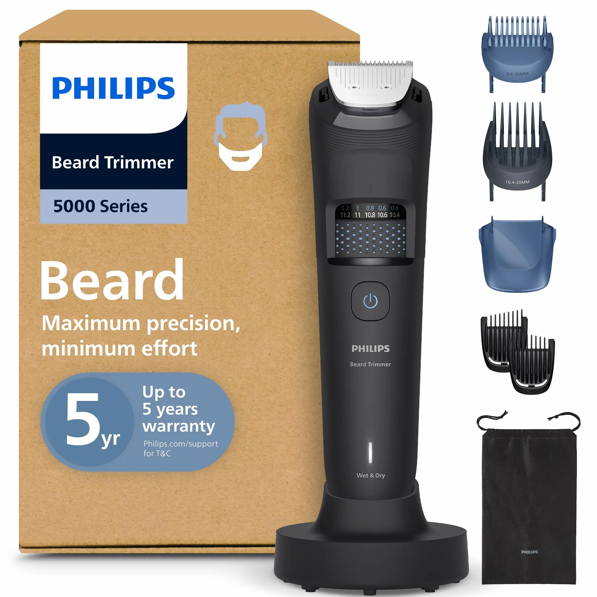 Philips Bartschneider 5000er-Serie – selbstschärfende Metallklingen, 40 Längeneinstellungen, BeardSense-Technologie, Haarkollektor, 100% wasserdicht, Übergangskamm, Reiseetui, Modell BT5785/30