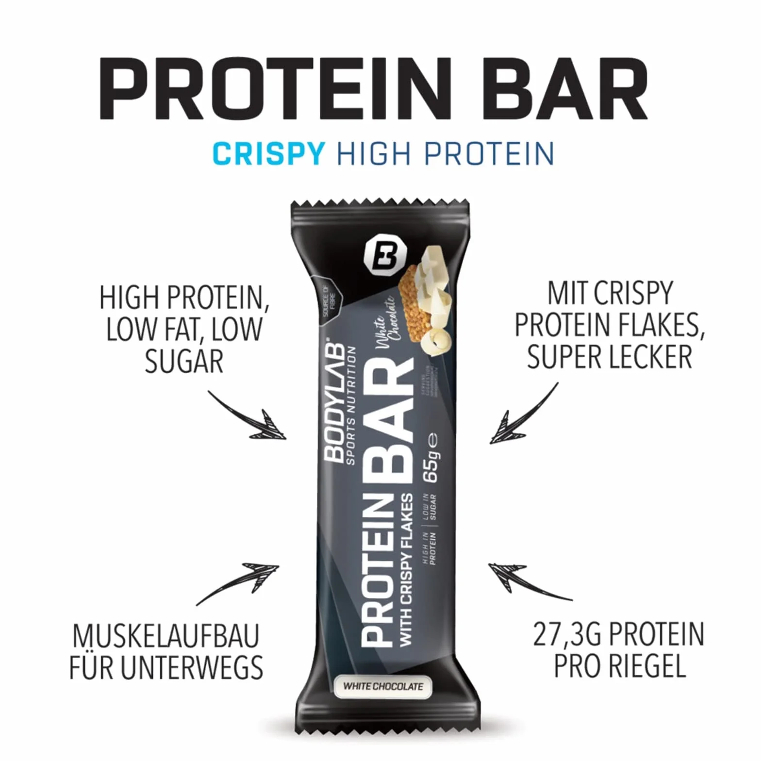 Bodylab24 Crispy Protein Bar Crispy Schokolade 24 x 65g, Protein-Riegel mit 27g Eiweiß pro Riegel, Zuckerarmer Fitness Snack, Knuspriger Eiweißriegel mit vielen Ballaststoffen