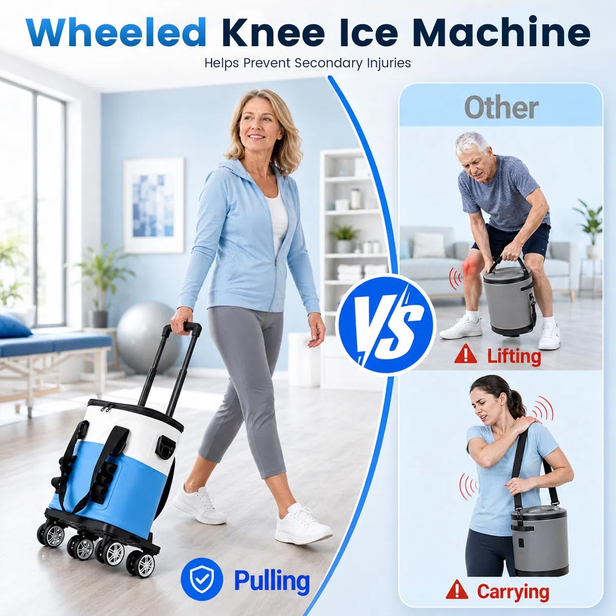 Kältetherapie Maschine 19L/20QT Eismaschine, Kühlmanschette Kniemit Verstellbarer Teleskopstange & Rollen, 5-Stufen Durchfluss & 2 Timer-Modi, für Post-OP Schmerzlinderung, Schulter Rücken