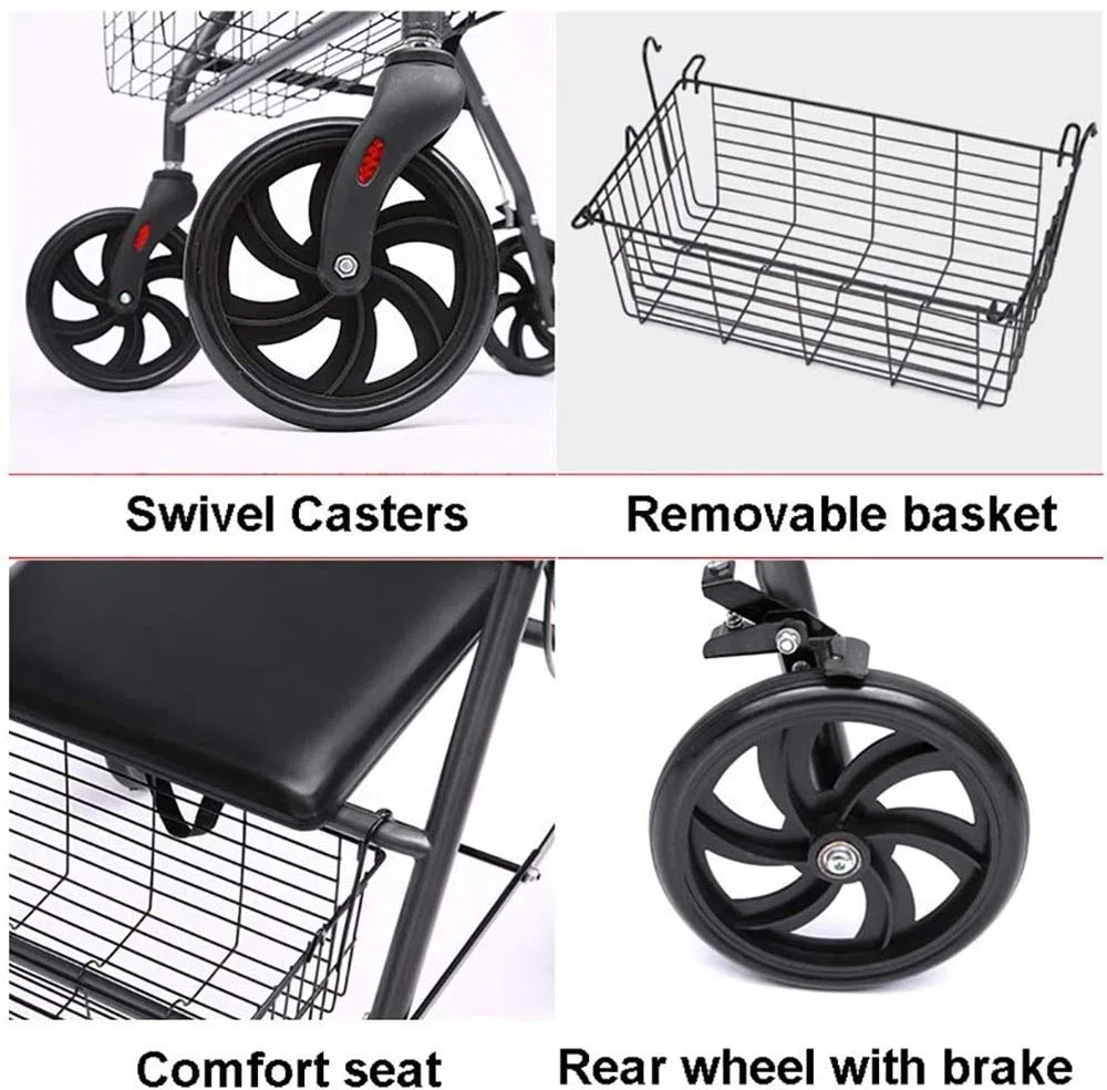 FHISD Gehhilfe für ältere Menschen, Aluminium-Rollator mit vier Rädern und gepolstertem Sitz, Einkaufskorb, feststellbare Bremsen, ergonomische Griffe, leichter zusammenklappbarer Rollator Interesting
