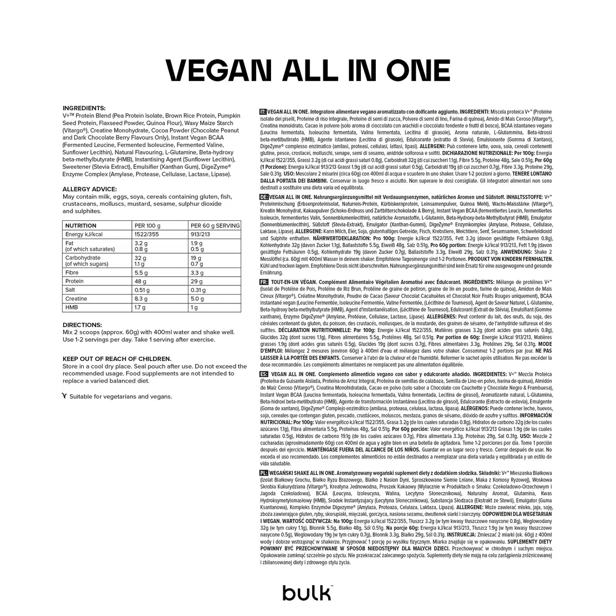 Bulk Vegan All in One, Protein Pulver, Eiweißpulver, Schoko-Erdnuss, 2,5 kg, Verpackung Kann Variieren
