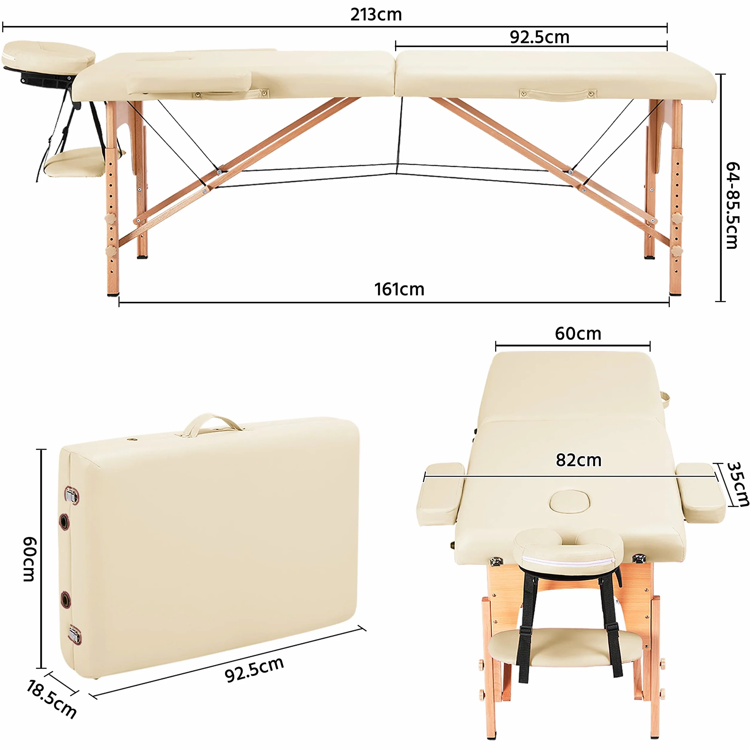 Yaheetech Massageliege Mobile Massagetisch 2 Zonen Tragebares Massagebett höhenverstellbar Holzfüßen inkl. Kopfstütze & Armlehnen 213 × 82 x 85,5 cm bis 250 kg Belastbar
