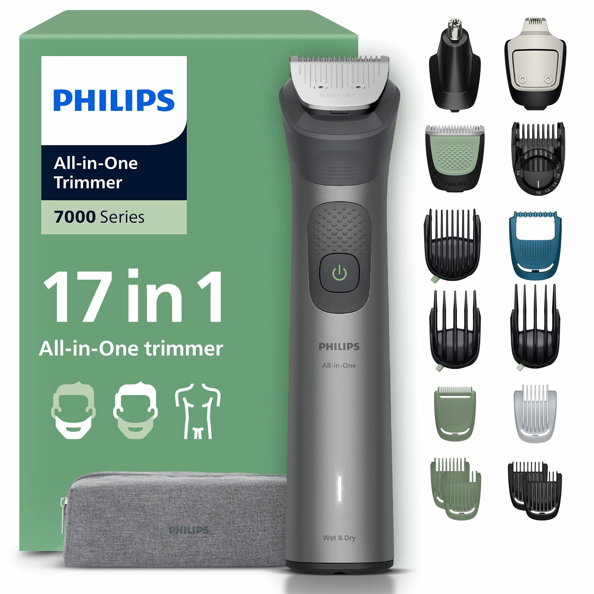 PHILIPS Multigroom Series 7000 All-in-One 17-teiliger Barttrimmer und Haarschneider für Gesicht, Kopf und Körper, selbstschärfende Metallklingen, 26 Längeneinstellungen (0,5-20 mm), Modell MG7961/15