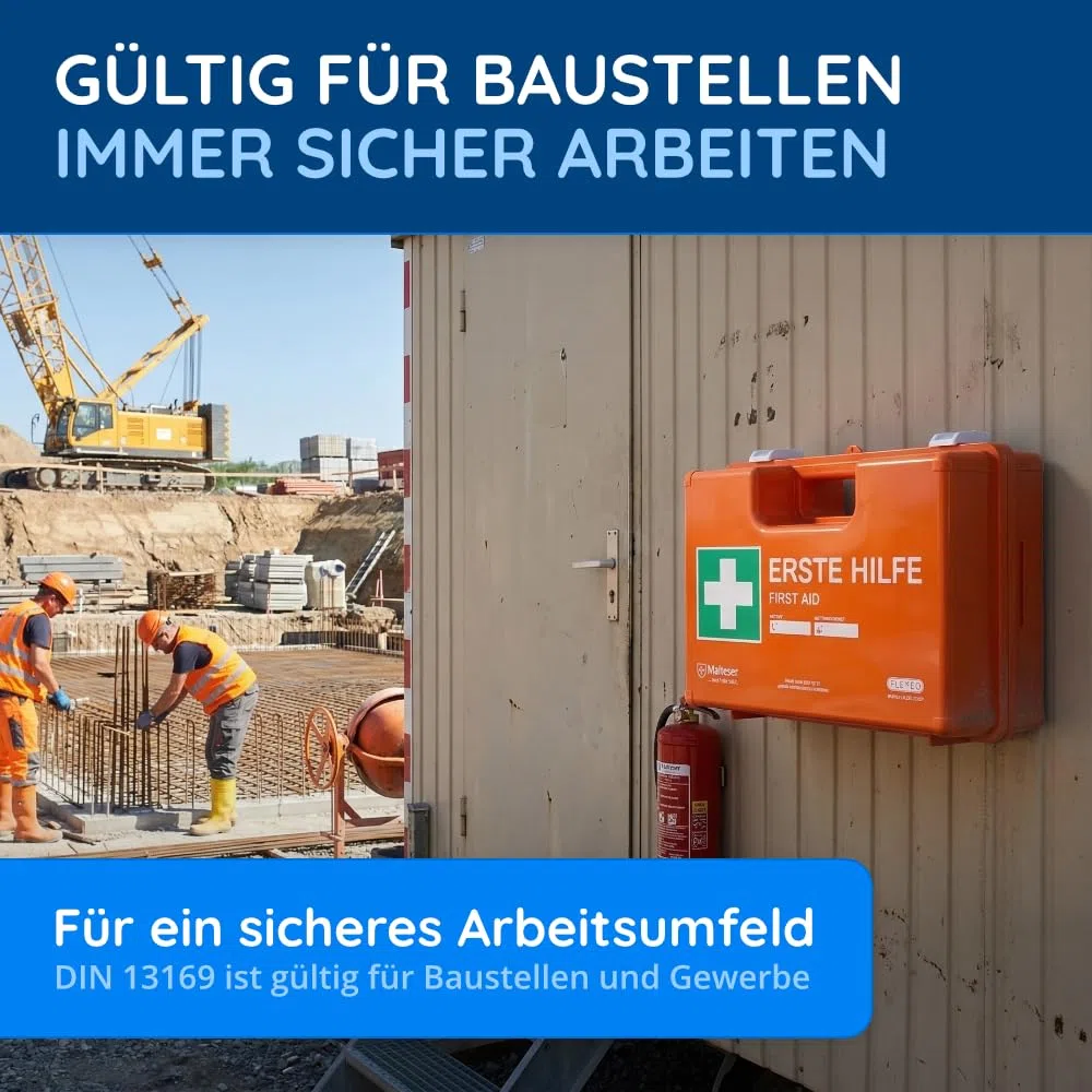 FLEXEO Erste Hilfe Koffer DIN 13169 | Inkl. Wandhalterung, Plombe, Stickern | Erste Hilfe Kasten/Verbandkasten für Betriebe, Unternehmen, Gewerbe, Baustellen