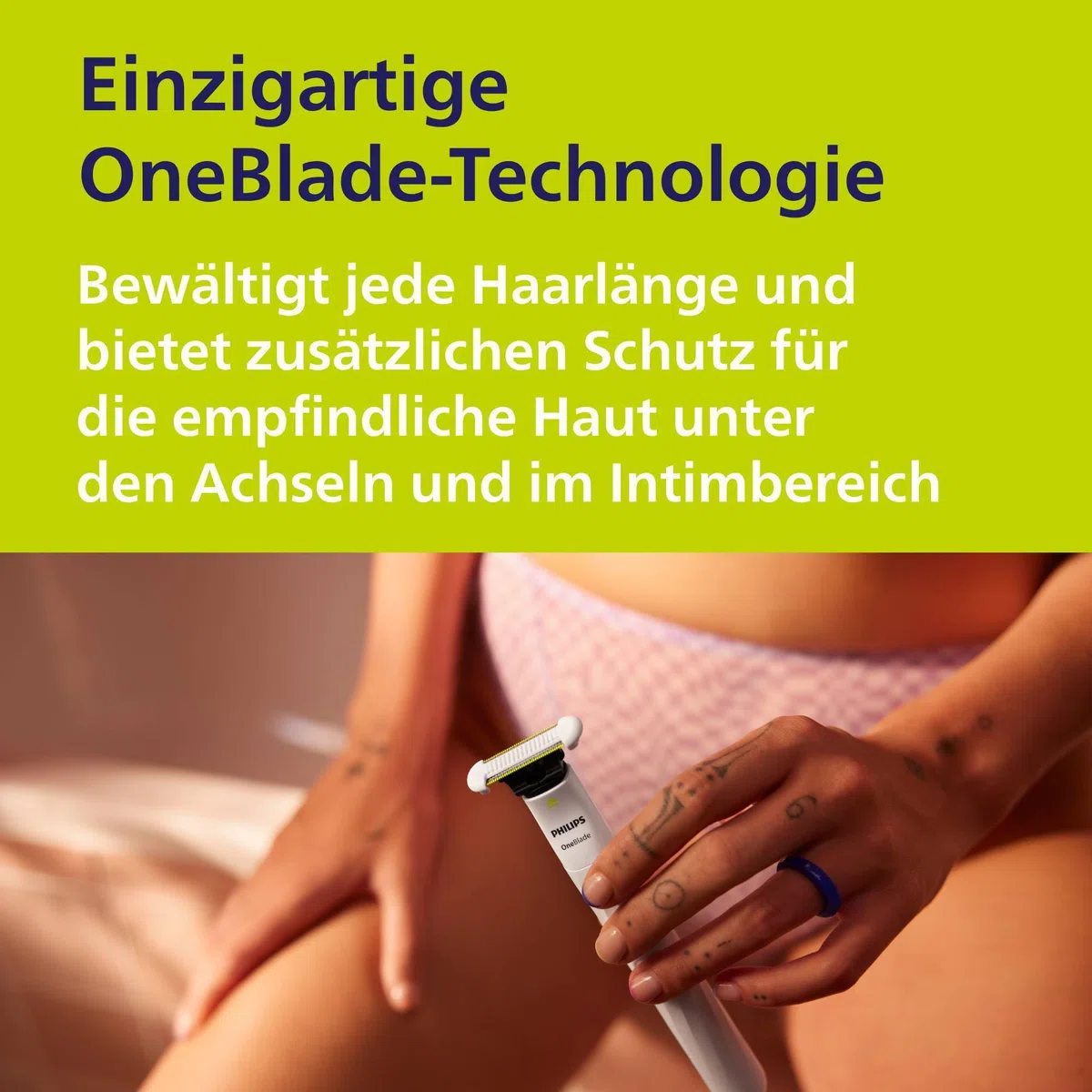 Philips OneBlade Intimate, Intimrasur, Trimmen & Rasieren mit extra Hautschutz, Für eine gründliche und angenehme Rasur – ohne komplett glatt zu rasieren, Modell QP1924/28