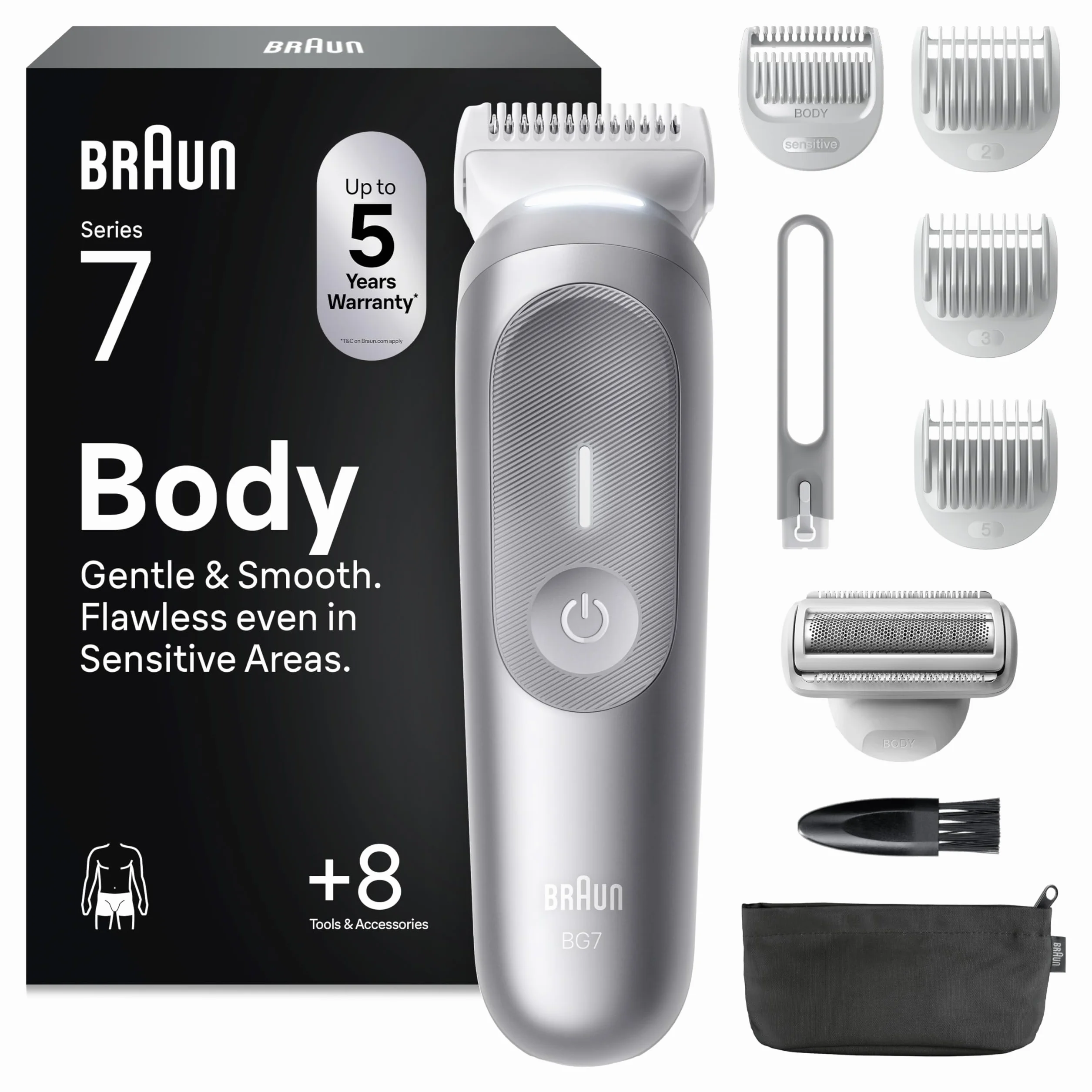Braun Bodygroomer Series 7, Kabelloser Körperrasierer Herren, BG7555, Grau - Trimmer für Intimbereich und Körper, Körperhaartrimmer mit 100 Min. Akku, Wasserdicht, Inkl. 8 Zubehörteile Und Etui
