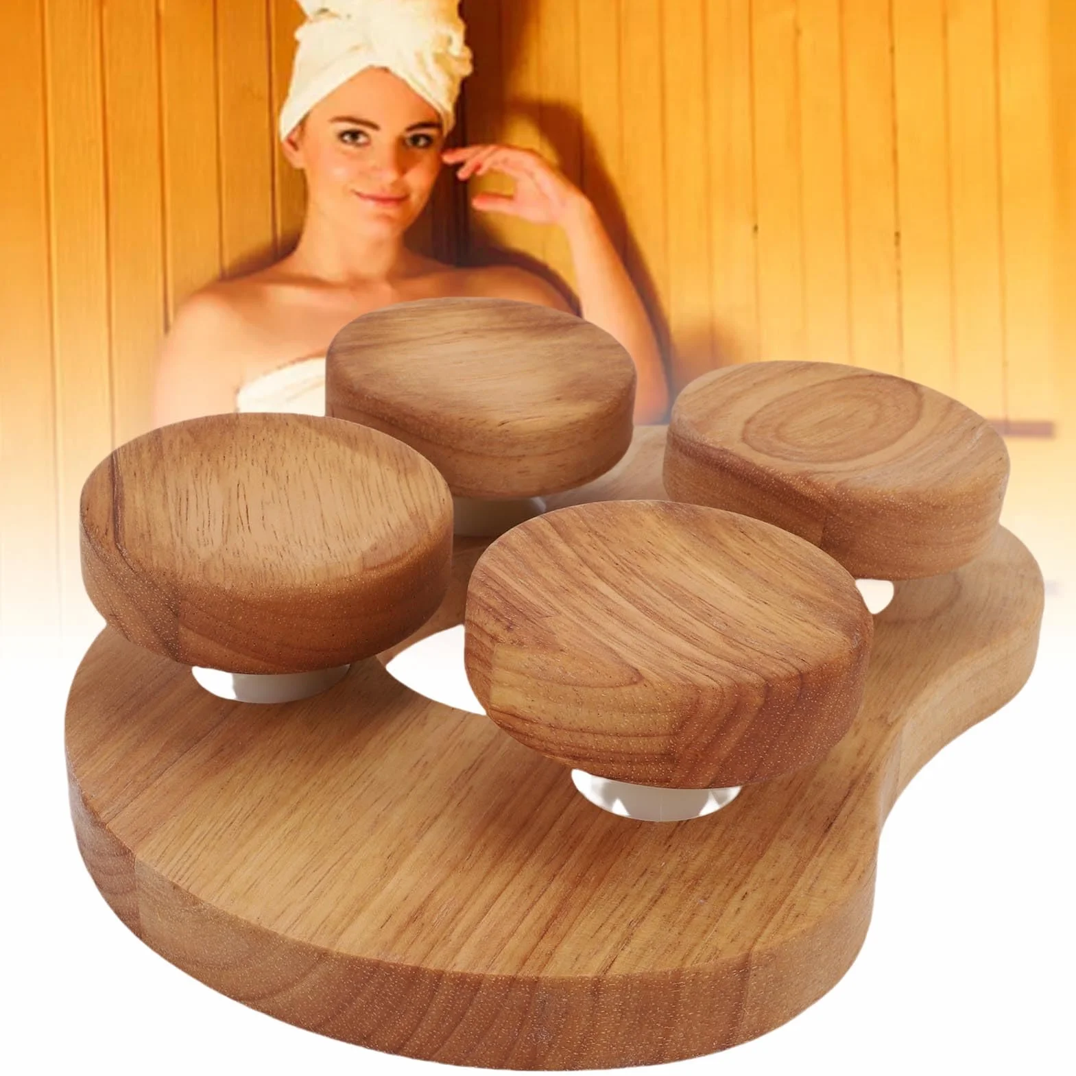 Sauna-Kopfstützen-Nackenkissen aus Holz, Drehbare Scheibe aus Eichenholz, Ergonomisches Universalrad mit 4 Konkaven Oberflächen, Ideal Zum Entspannen, 6,69 X 9,06 Zoll