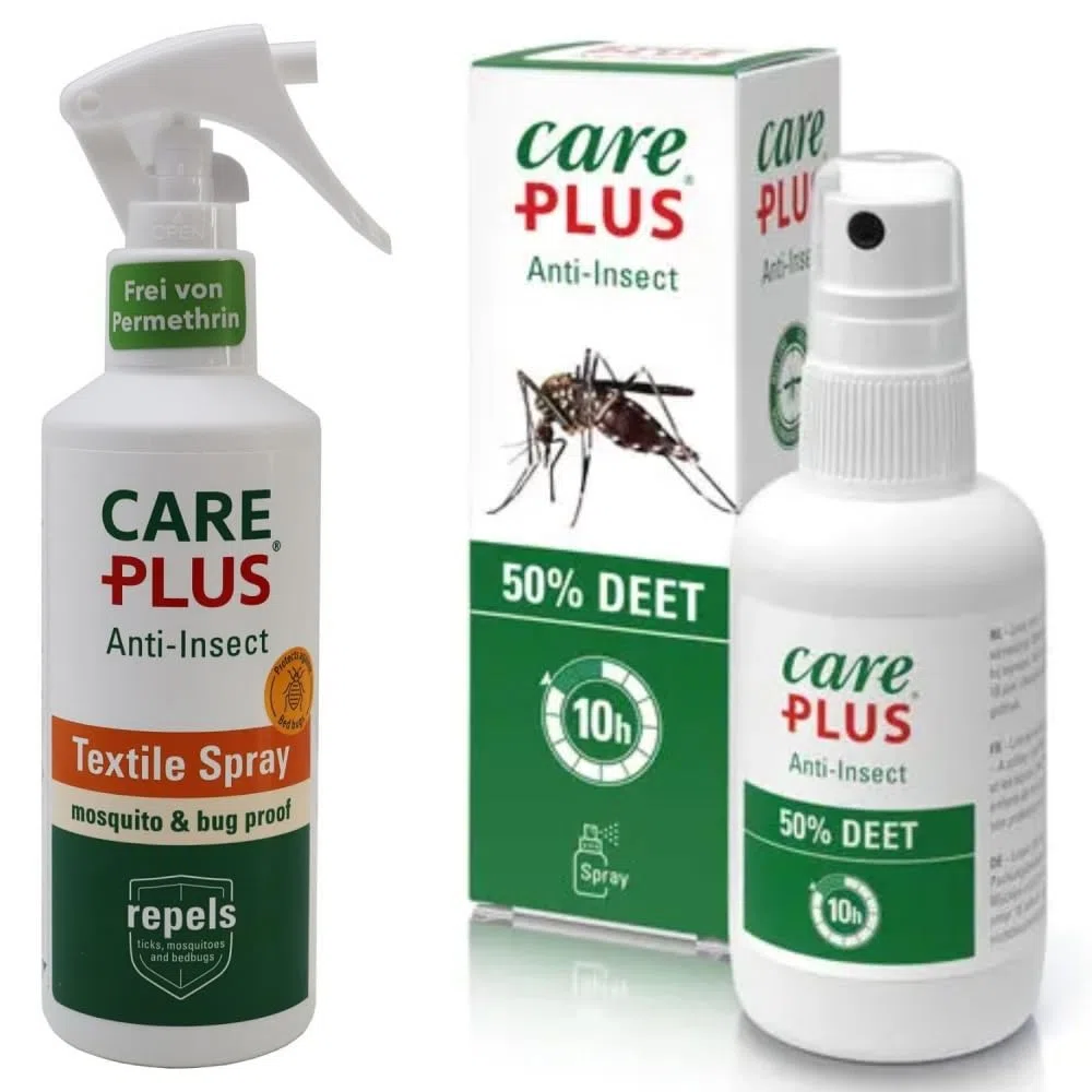Care Plus DEET Mückenspray 50% + Textile Spray Set - Insektenschutz für Haut und Kleidung - langanhaltender Schutz gegen Insekten - Mückenschutz Kleidung und Haut Set für tropische Reisen und Outdoor