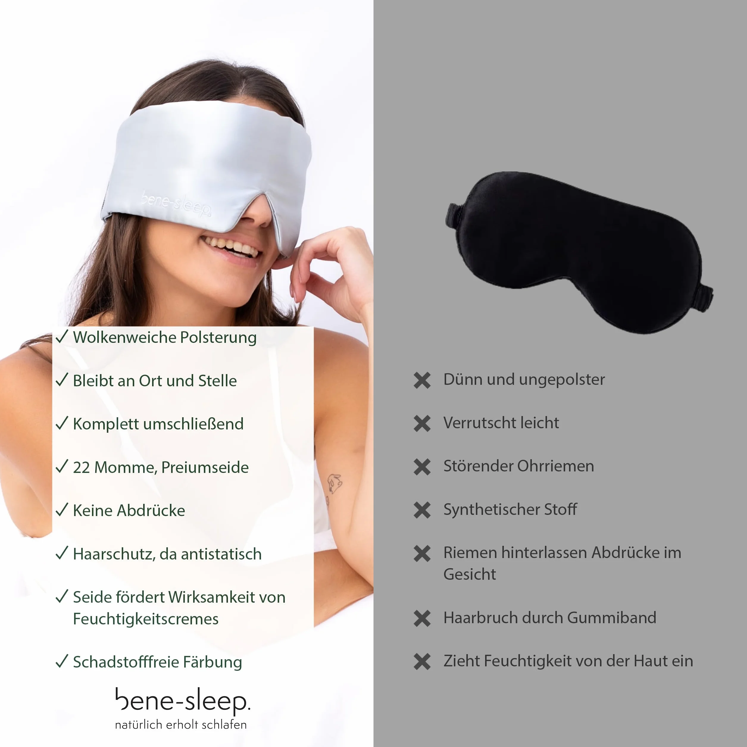 Premium Seidenschlafmaske – 100% lichtdicht – Weiche Polsterung – Hautfreundlich Augenbrille für erholsamen Schlaf – Für längeren REM-Schlaf und schnelleres Einschlafen (Schwarz)