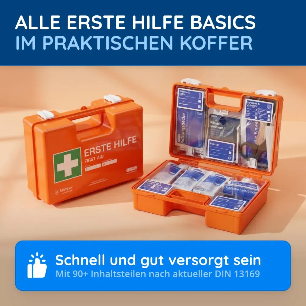 FLEXEO Erste Hilfe Koffer DIN 13169 | Inkl. Wandhalterung, Plombe, Stickern | Erste Hilfe Kasten/Verbandkasten für Betriebe, Unternehmen, Gewerbe, Baustellen