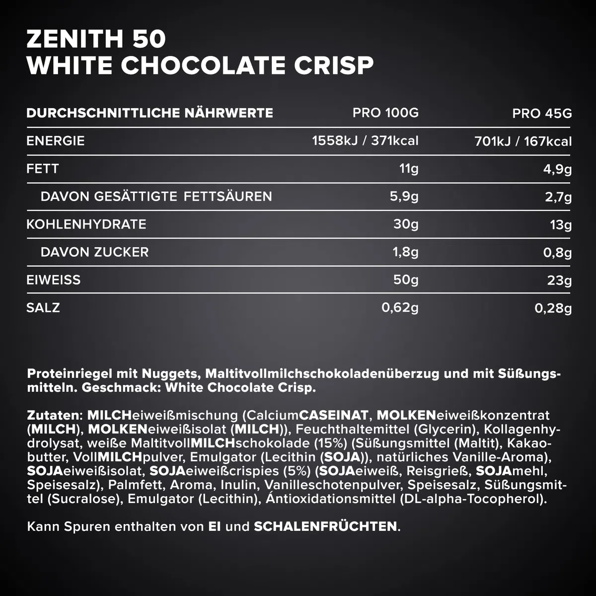 IronMaxx Zenith 50 High Protein Bar - White Chocolate Crisp - 16x45g | Eiweißriegel mit 50% Protein | Low Sugar Snack mit cremiger Umhüllung | High Proteinriegel für Muskelaufbau, Diät & Fitness