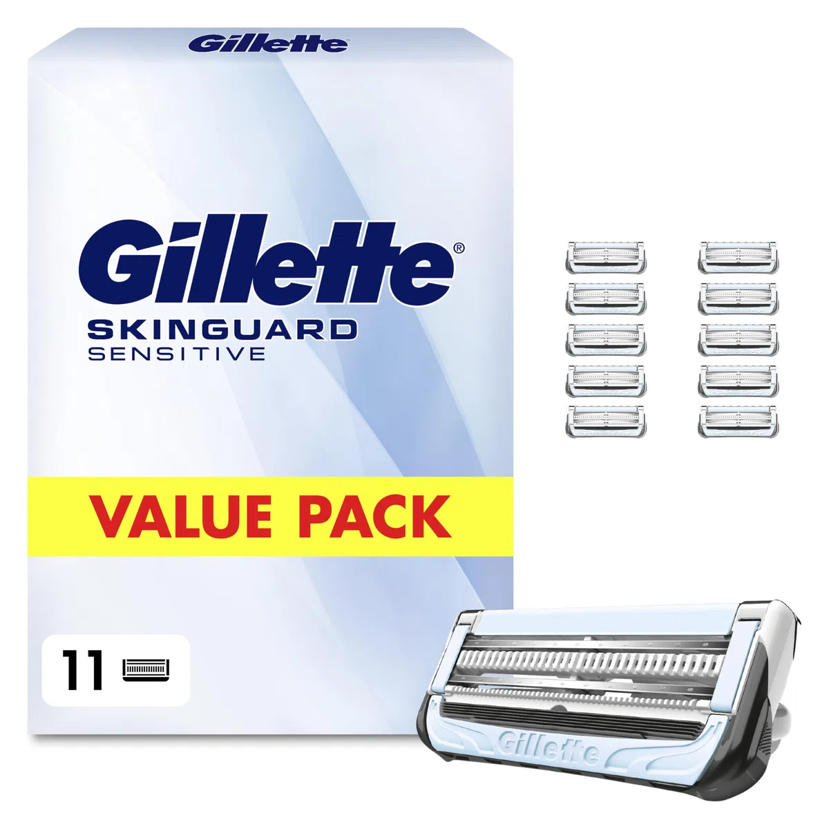 Gillette Skinguard Sensitive Rasierklingen Herren, 11 Original Ersatzklingen, Weiß/Blau - Nassrasierer, Klingen für Herrenrasierer, Verbesserter Gleitstreifen