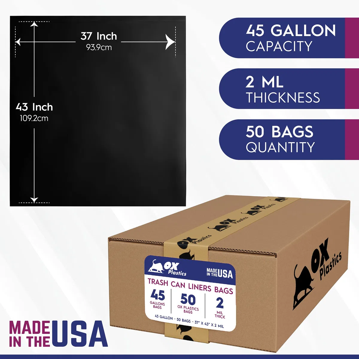 Extra robuste Müllbeutel, pannensicher, hergestellt in den USA, 94 x 109 cm, Schwarz, 50 Stück