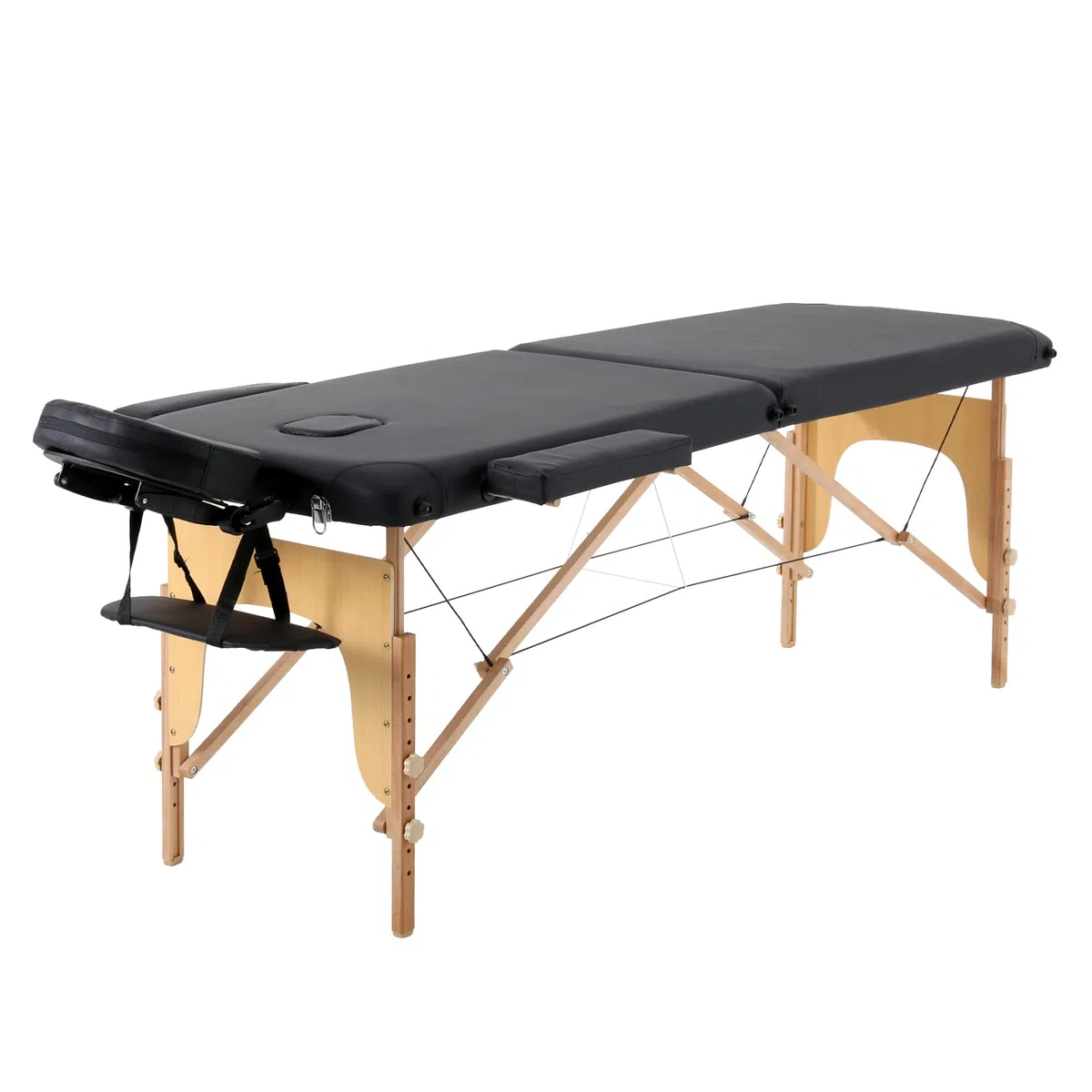Panana 2-Zonen Massageliege Tragbare Massagebank Höhenverstellbarer Massagetisch mit Kopfstütze und Abnehmbare Armlehnen aus Holz (Schwarz)