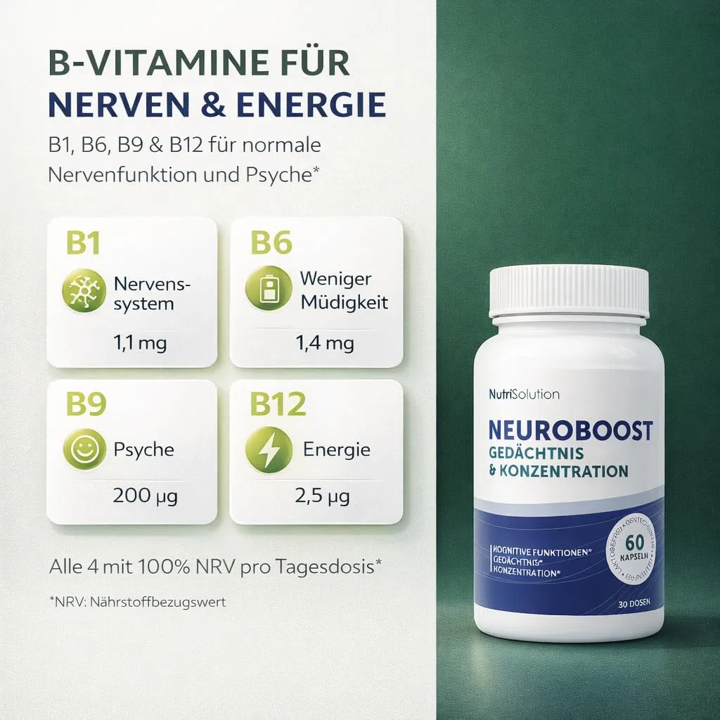 NeuroBoost: Nahrungsergänzungsmittel mit Ginkgo biloba, Vitamin B12 & Kräuterextrakten – Gedächtnis, Konzentration & kognitive Gesundheit – 60 vegane Kapseln (60)