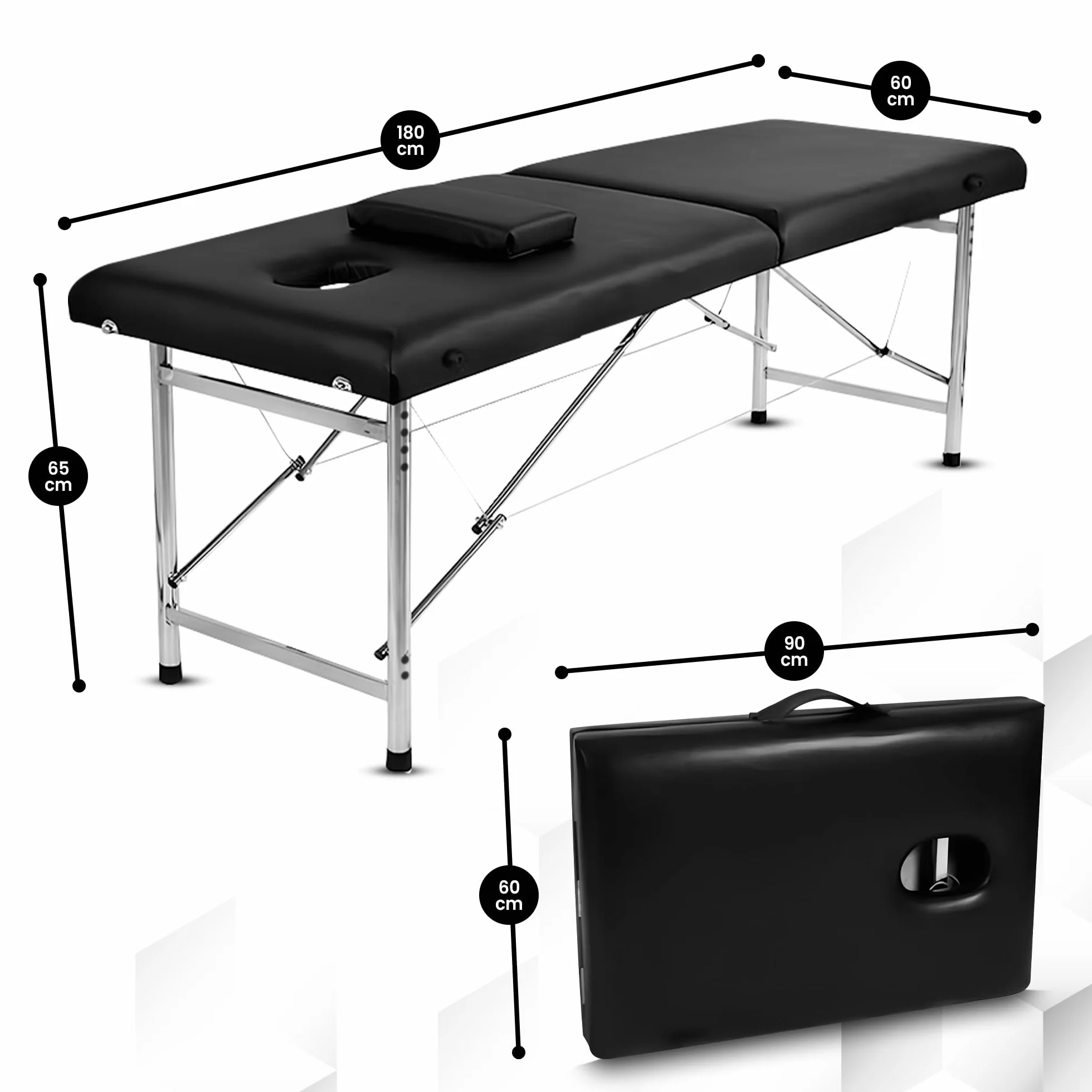 Massageliege klappbar Maya – Profi Kosmetikliege & Massagebank, 2-Zonen Leichtbau Aluminium, Ergonomisch & Tragbar, Kunstleder-Bezug, Schwarz
