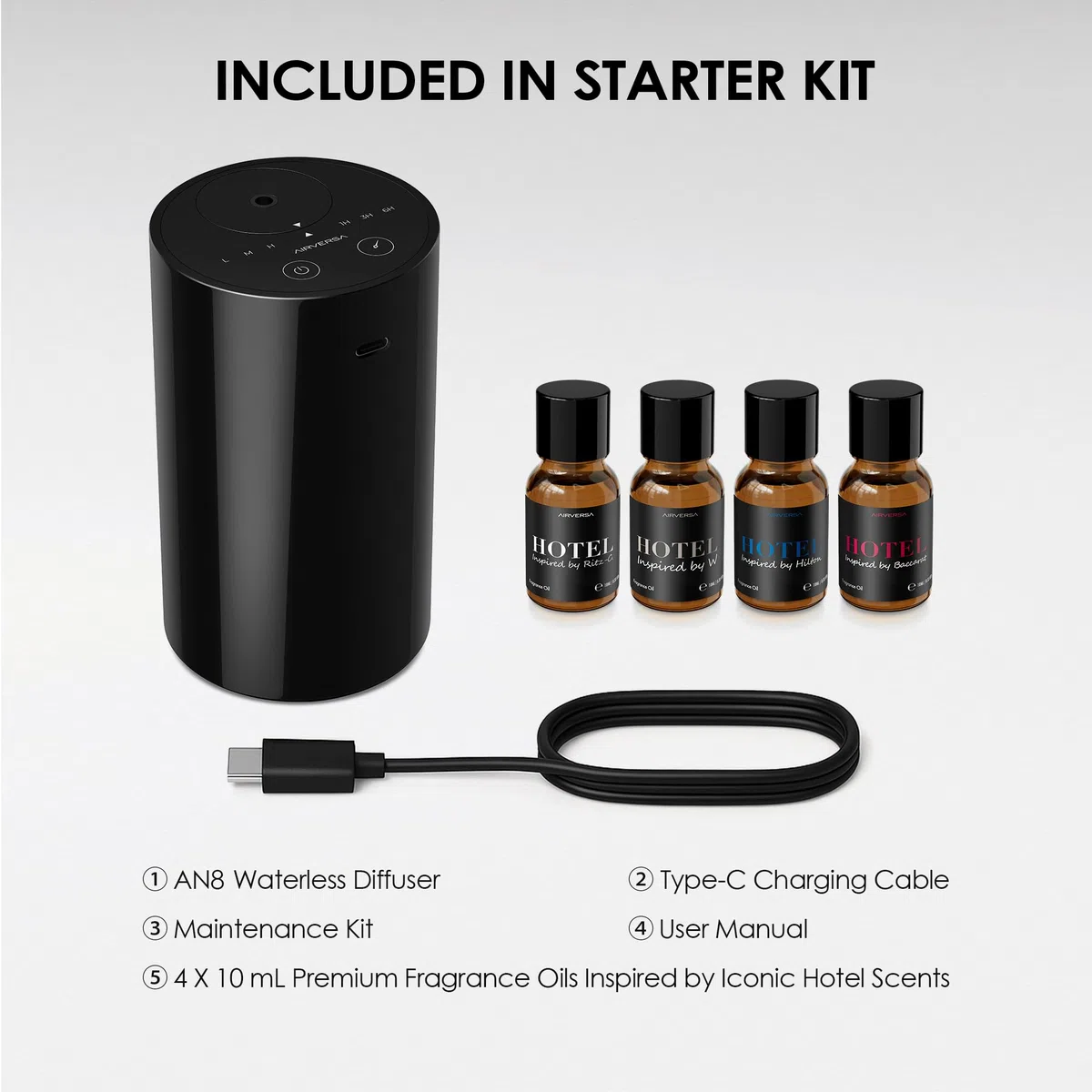 Airversa Wasserloser Diffuser, Tragbarer Aroma Diffuser kabellos, USB Wiederaufladbarer Aroma Diffusor 3 Countdown-Timer 3 Nebel Ebene, für Haus Zimmer Autos Büro AN8 Kit Schwarz