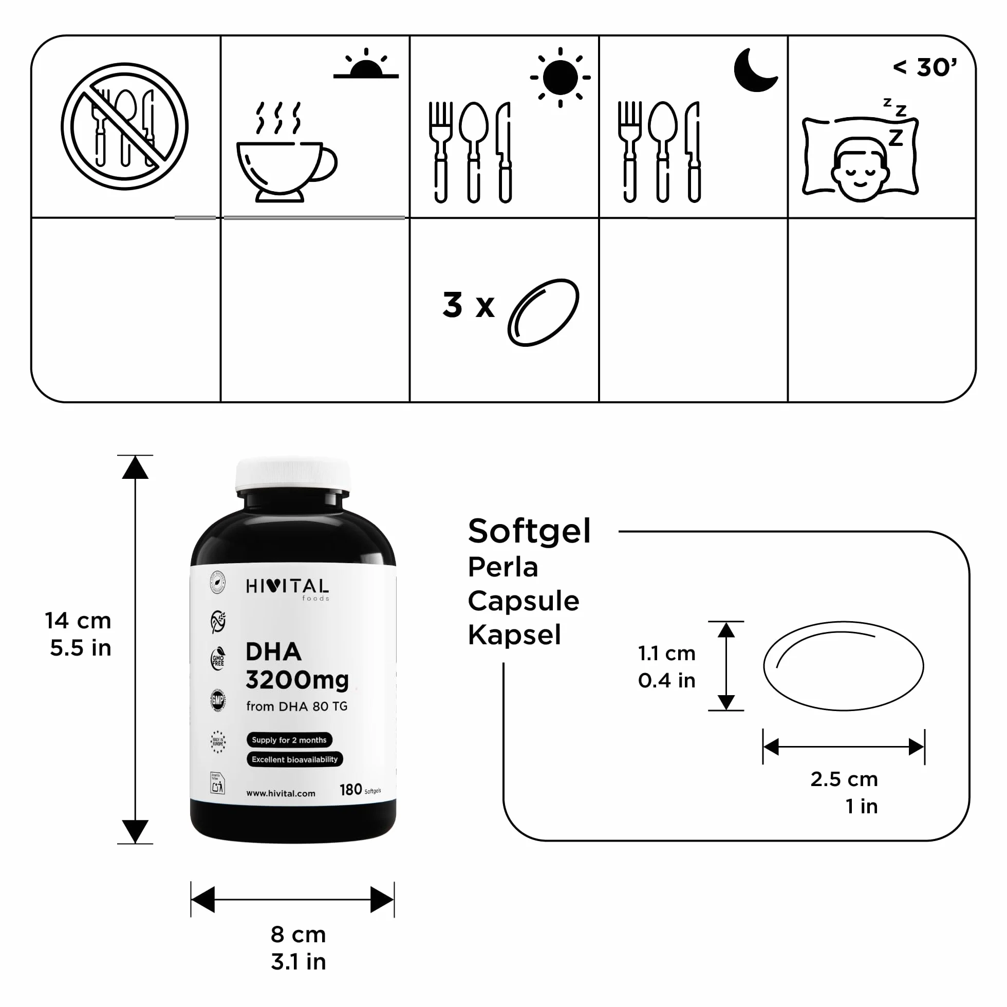 DHA 3200 mg. 180 Softgels für eine 2-monatige Behandlung. Mit Natürlichem Fischöl in Form von Triglyceriden. 100% Natürlich, Glutenfrei, frei von GMO. Hergestellt von HIVITAL