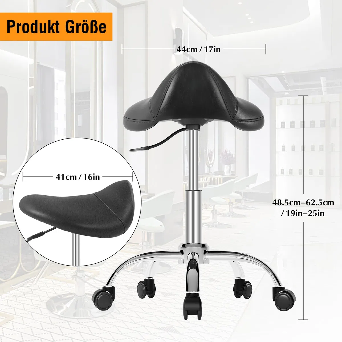 Sattelhocker，hocker mit rollen，hocker höhenverstellbar zur Linderung von Rückenschmerzen（48.5-62.5cm）Rollhocker mit dickem Kissen，Sattelhocker mit rollen für Salon Spa Zahnarzt Büro (Schwarz)