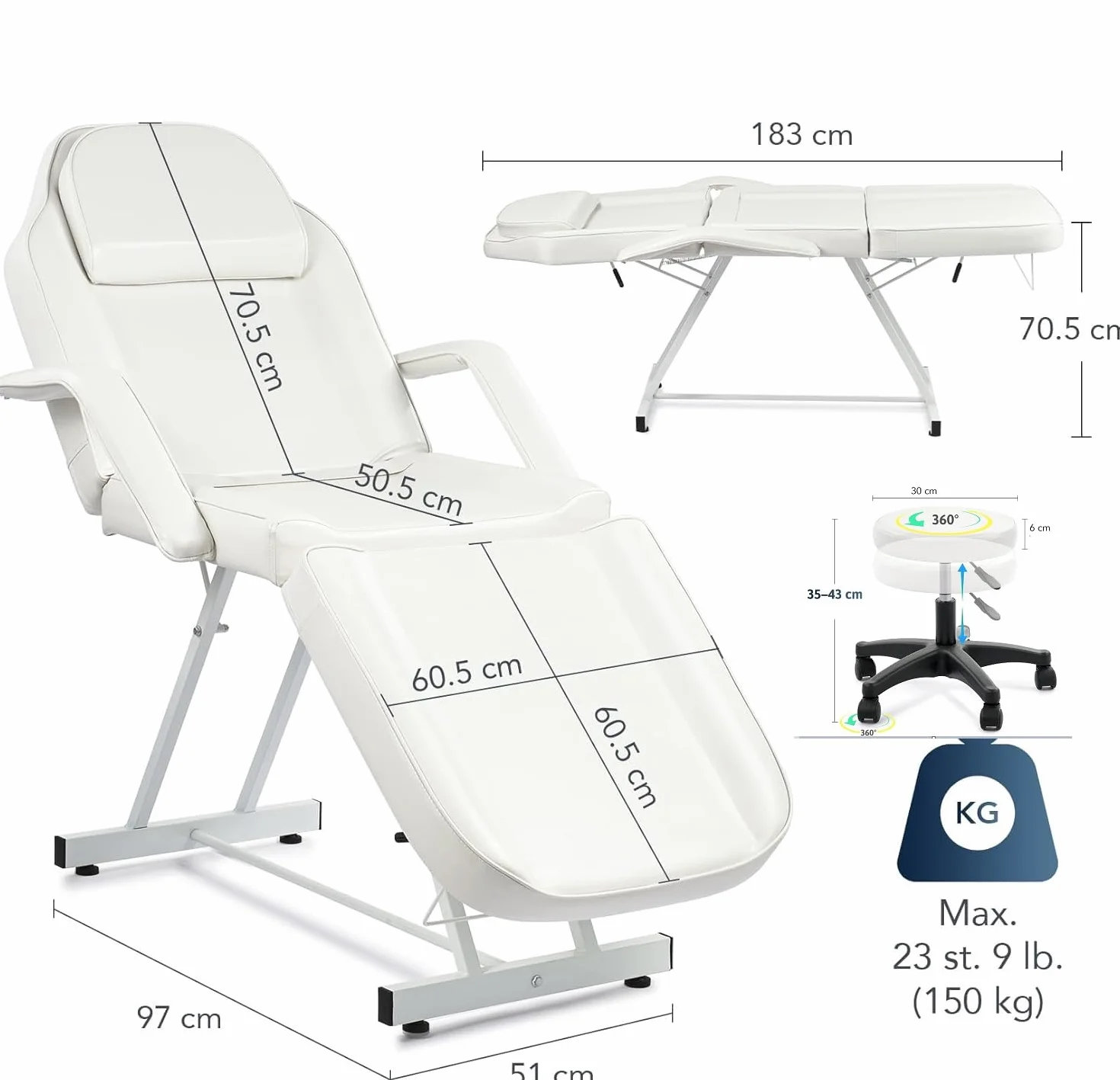 Massageliege mit Rollhocker Kosmetikliege Klappbar Professionelle Weiß | 3 Zonen Höhenverstellbar Massagetisch Massagebett für Beauty SPA Eye Lash's, Tattoos und Pediküre