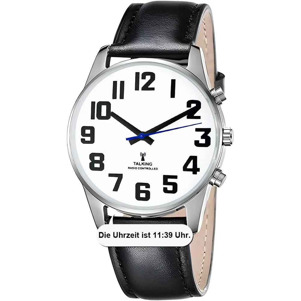 Sprechende Uhr Sehbehinderte Funkuhr I Deutsch Sprechende Herren Armbanduhr I Blindenuhr I Datum und Zeitansage I Für Blinde, Senioren und Demenzkranke