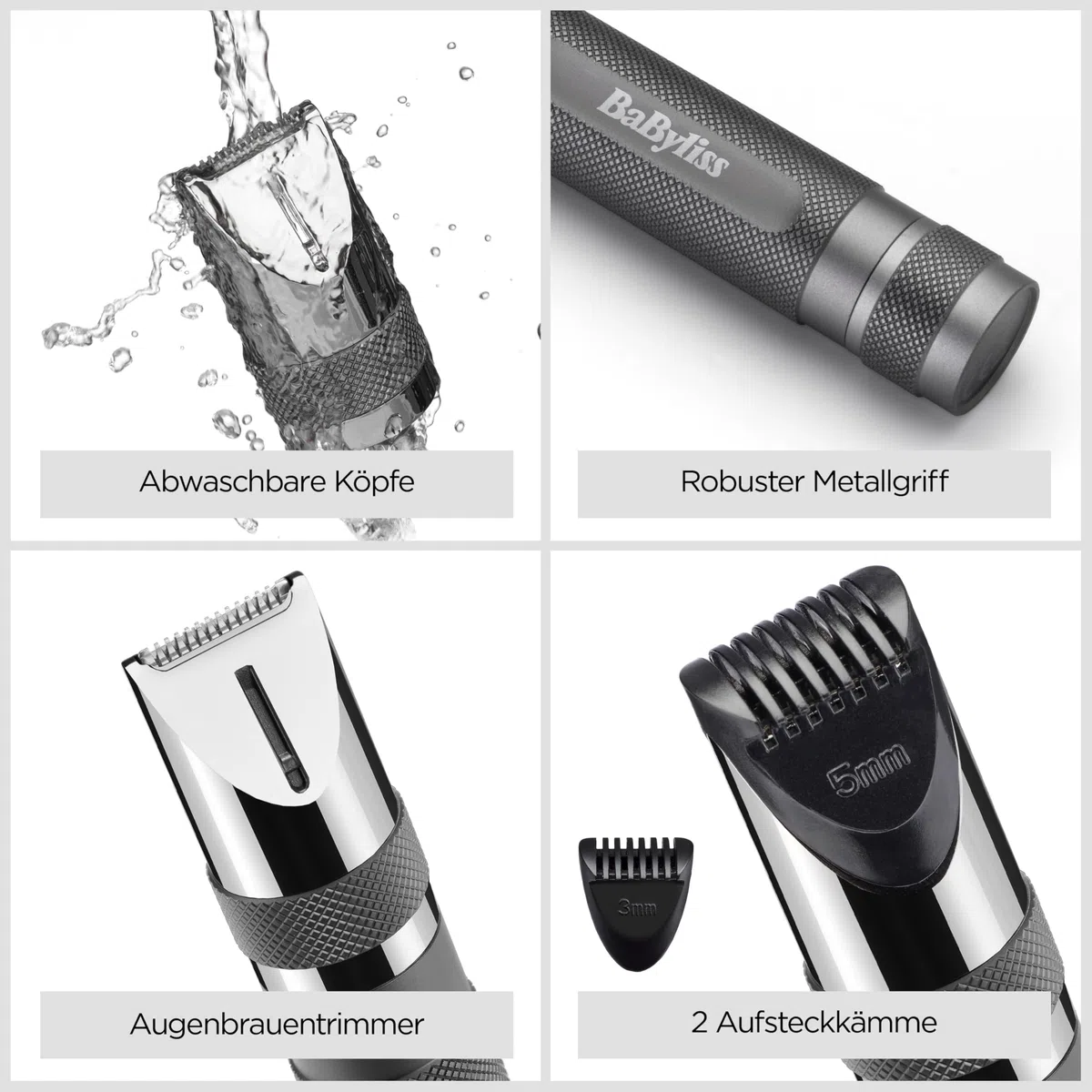 BaByliss Super-X Metal Präzisions-Detail-Trimmer – 3-in-1 Nasen-, Ohren- & Augenbrauentrimmer, 2 Aufsätze, 2 Kammaufsätze, batteriebetrieben – E116E