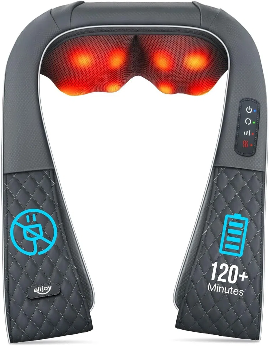 ALLJOY Nackenmassagegerät mit Wärme, 2200mAh Akku Kabellos, Massagegerät für Nacken Schulter Rücken, Shiatsu Massage mit 20 Min. Auto-Off & Tasche