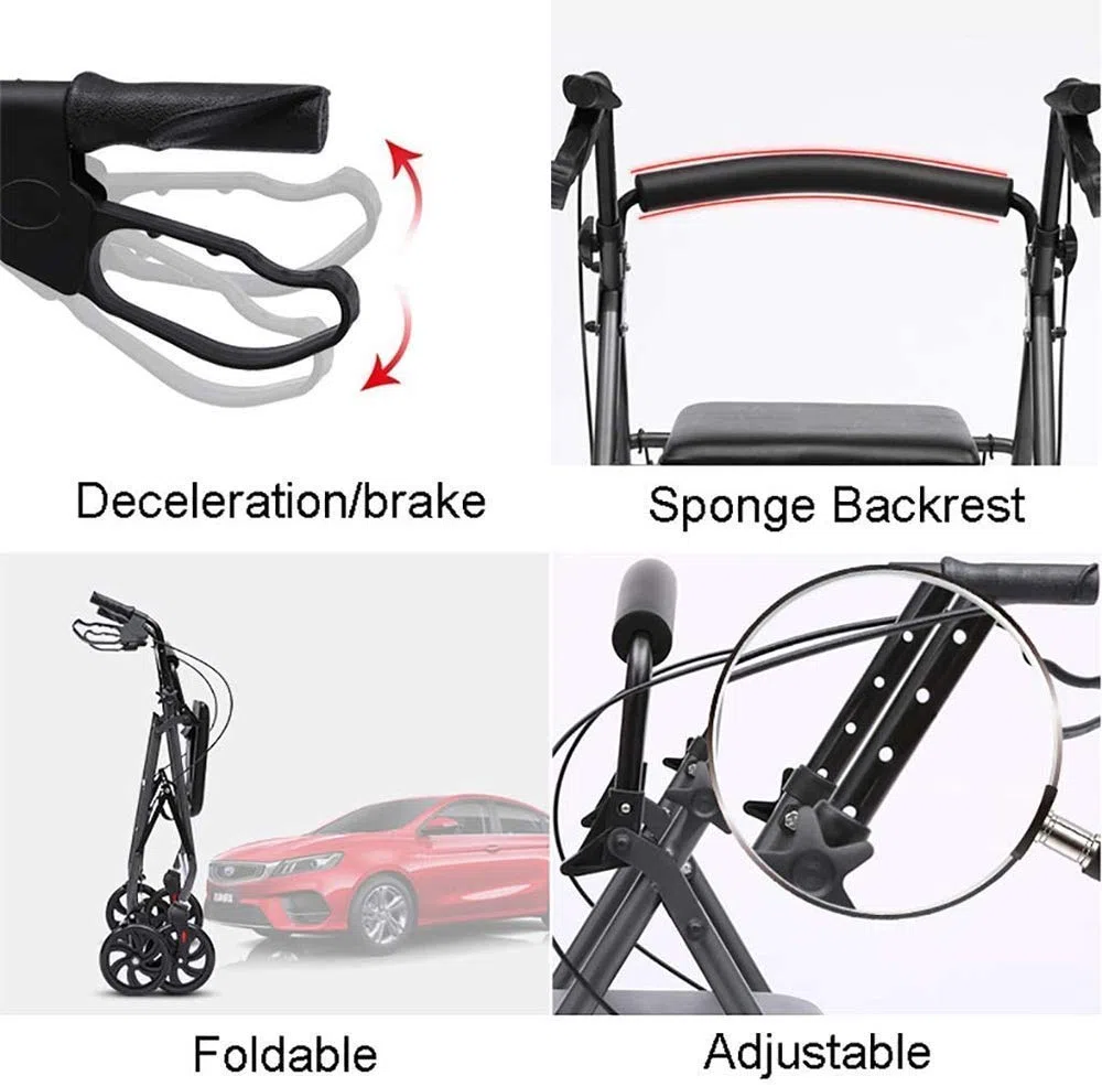 FHISD Gehhilfe für ältere Menschen, Aluminium-Rollator mit vier Rädern und gepolstertem Sitz, Einkaufskorb, feststellbare Bremsen, ergonomische Griffe, leichter zusammenklappbarer Rollator Interesting