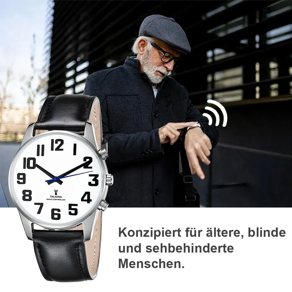 Sprechende Uhr Sehbehinderte Funkuhr I Deutsch Sprechende Herren Armbanduhr I Blindenuhr I Datum und Zeitansage I Für Blinde, Senioren und Demenzkranke