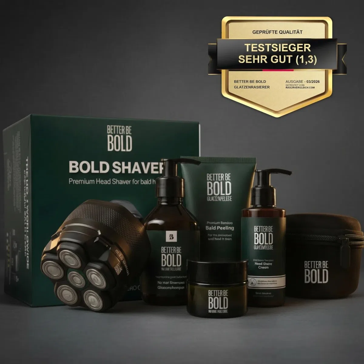 BETTER BE BOLD I "Bold Shaver Set 3.0 - Glatzenrasierer + After Shave Glatzenpflege 2.0 I Set gegen Glanz, Pigmentflecken & Trockenheit – Mit Glatzencreme, Glatzenpeeling, Shampoo & Aftershave