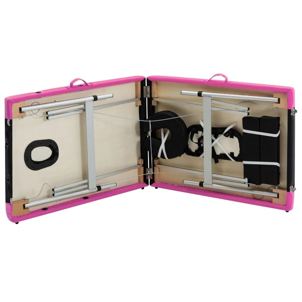 Massageliege klappbar 2-Zonen mit Aluminiumgestell, Tragetasche, verstellbare Kopfstütze & Armlehnen, Kosmetikliege für Massage und Physiotherapie, Schwarz-Rosa