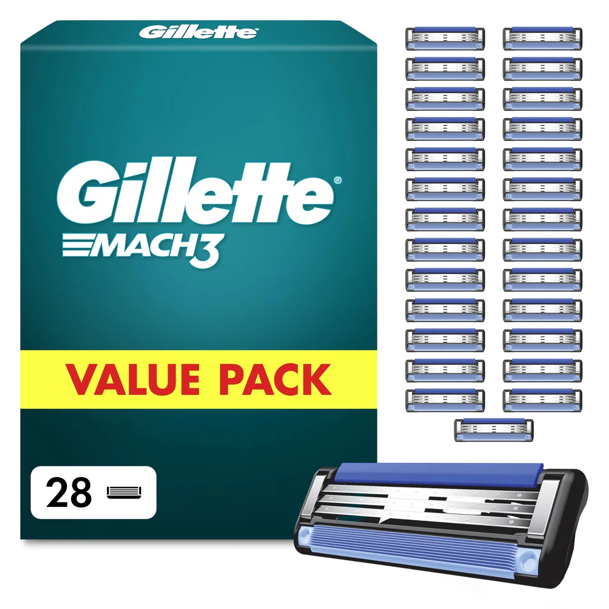Gillette Mach 3 Klingen Herren, 28 Original Rasierklingen, Blau - Ersatzklingen Männer für Nassrasierer mit Gleitstreifen für Ein Sanftes Gleiten Und Klingenbeschichtung