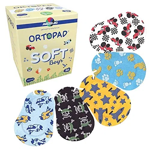 Ortopad® Weiche Bambus-Augenklappen für Jungen, 50 Stück, mittlere Größe, 2–4 Jahre, strukturierte Akzente