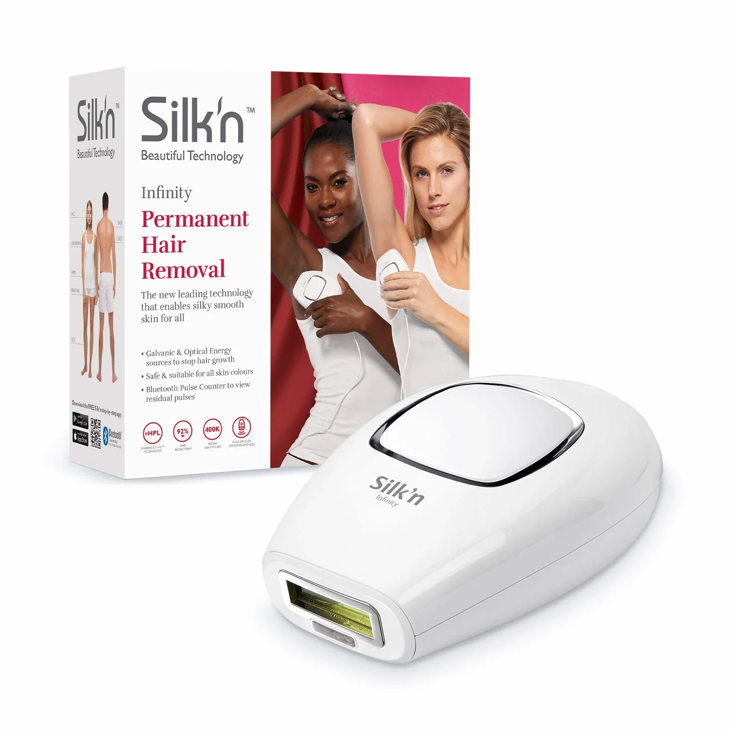 Silk'n Infinity, dauerhafte Haarentfernung, 400.000 Lichtimpulse, für helle bis dunkle Haut, Puls- und Gleittechnik, IPL, Weiß