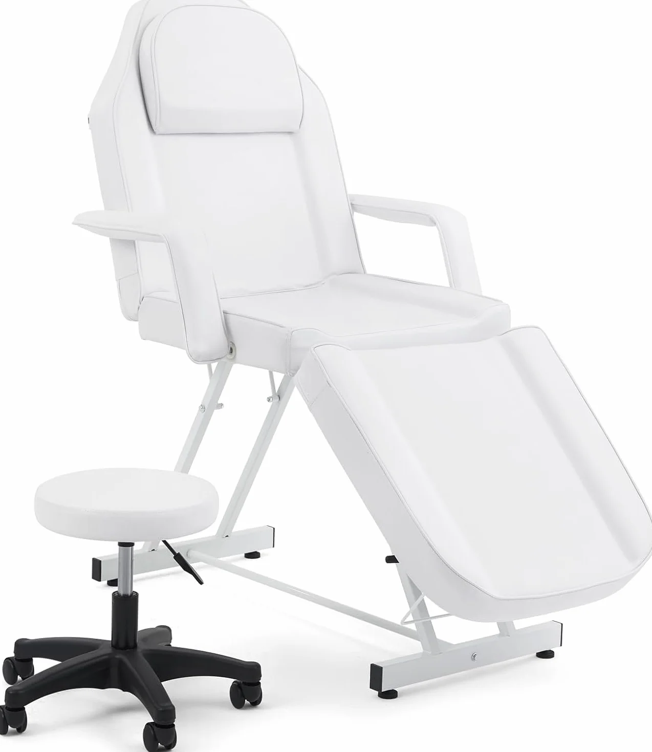 Massageliege mit Rollhocker Kosmetikliege Klappbar Professionelle Weiß | 3 Zonen Höhenverstellbar Massagetisch Massagebett für Beauty SPA Eye Lash's, Tattoos und Pediküre