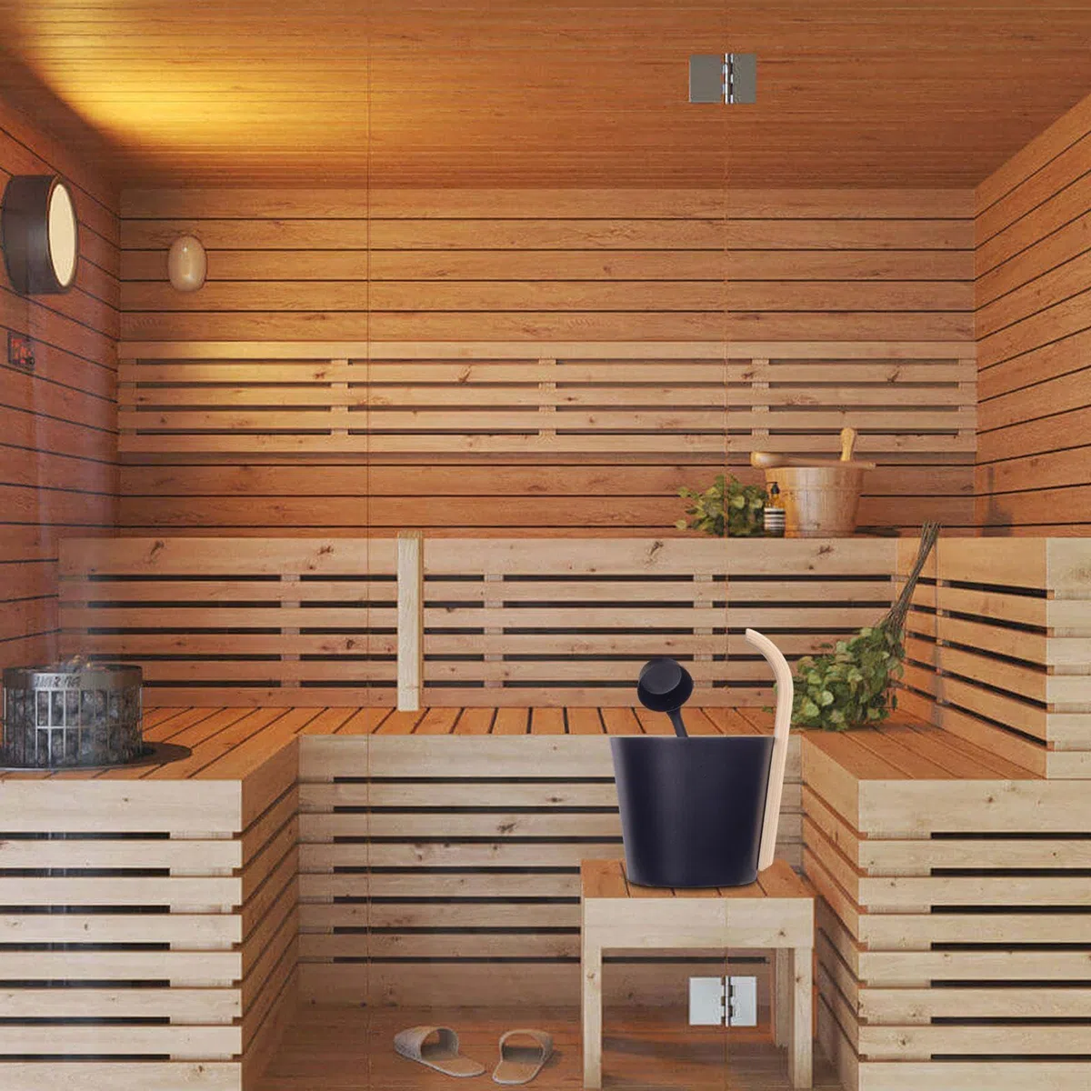 Saunakübel Set, 7L Aluminium Saunakübel Saunakelle Mit Langem Griff Löffel, Metall Sauna Kübel - Aufgusseimer Set für Badezimmer, und Hotelbadewanne