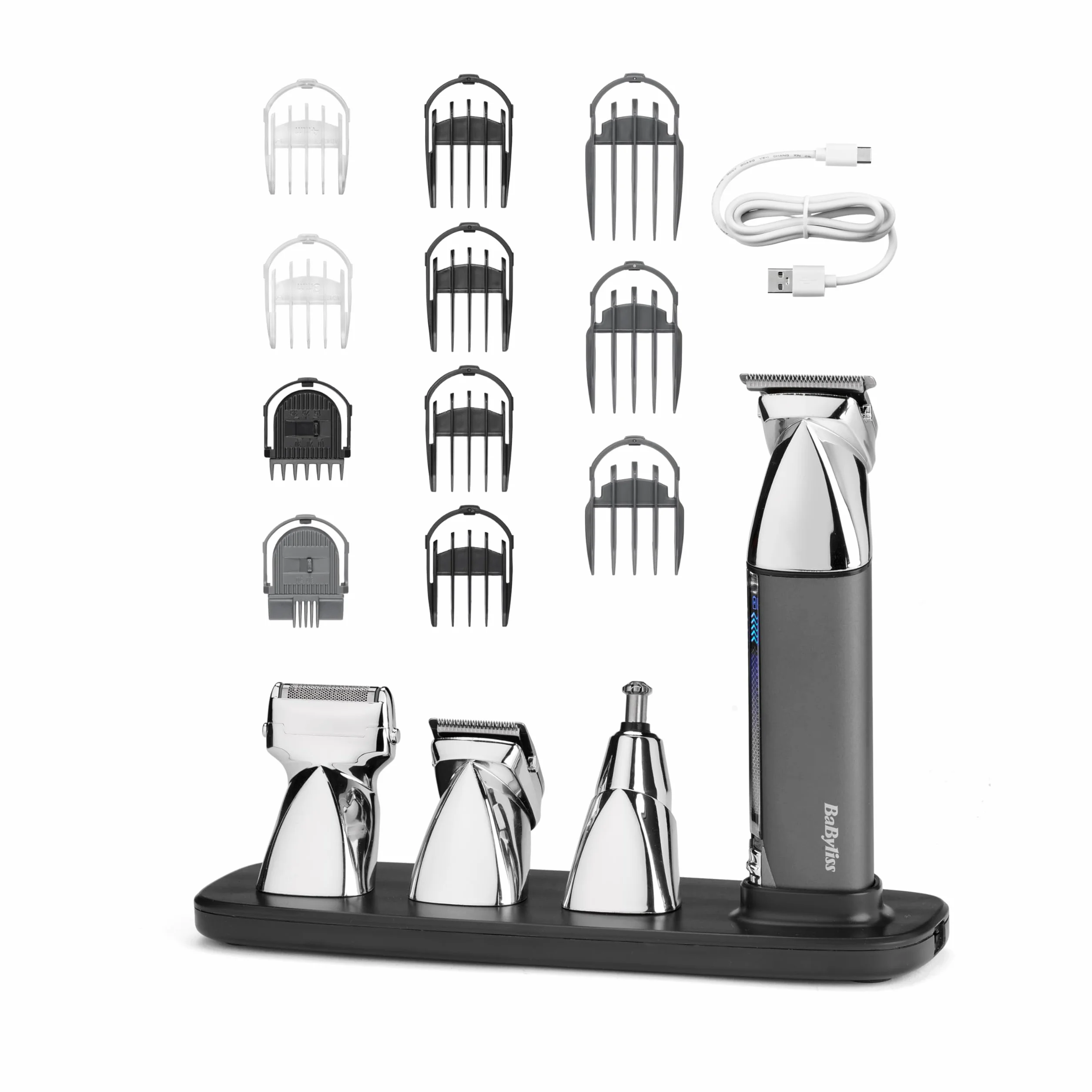 BaByliss Super-X Metal 15-in-1- Multi-Trimmer – Kabelloses Grooming-Kit inklusive Barttrimmer und Nasenhaarschneider, wasserdicht, Geschenk für Männer, Silber/Grau, MT996E