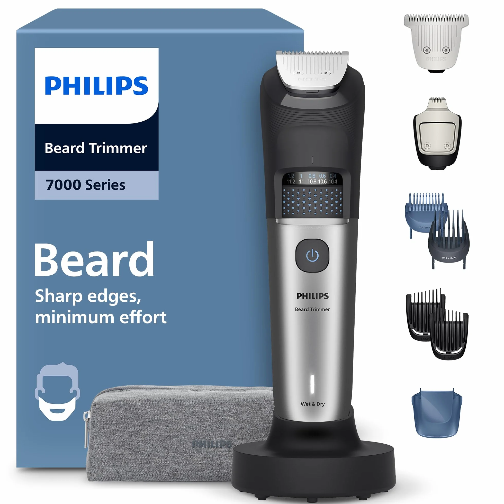 Philips Bartschneider 7000er-Serie – selbstschärfende Metallklingen, 40 Längeneinstellungen, BeardSense-Technologie, Haarkollektor, 100% wasserdicht, breiter Trimmer, Modell BT7670/15