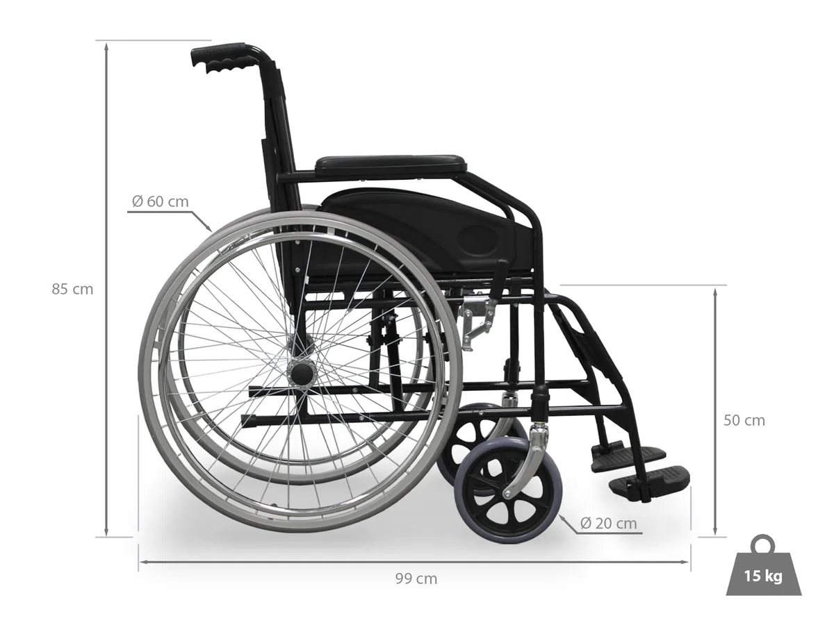 WELLCORE Stahl Faltbarer Rollstuhl, Stahlrahmen, leicht und kompakt, stabile Rollen, Griffbremsen, klappbare Rückenlehne, Sitzbreite 46 cm, bis 100 kg