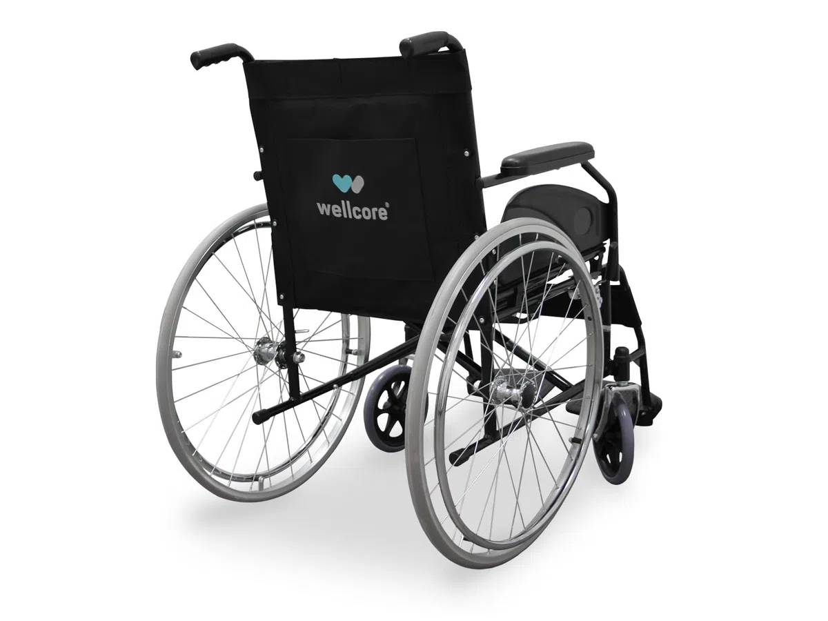 WELLCORE Stahl Faltbarer Rollstuhl, Stahlrahmen, leicht und kompakt, stabile Rollen, Griffbremsen, klappbare Rückenlehne, Sitzbreite 46 cm, bis 100 kg