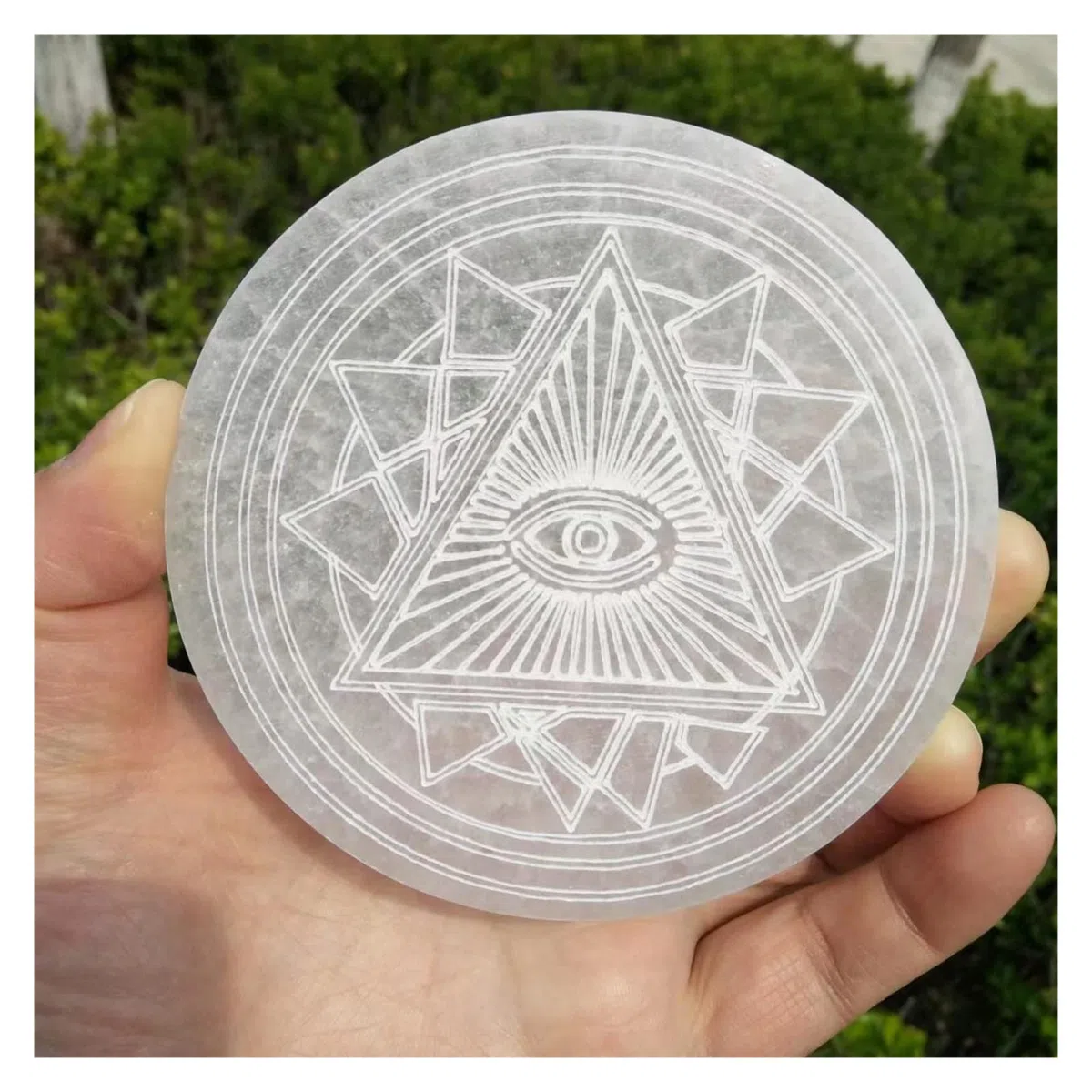 Natürliche transparente Kristalle, Selenit-Gipskarton-Untersetzer, Symbole, böse Augen, Hexendekor, Dr. Stone, Weissagung, Pendel-Ornamente Voller Textur