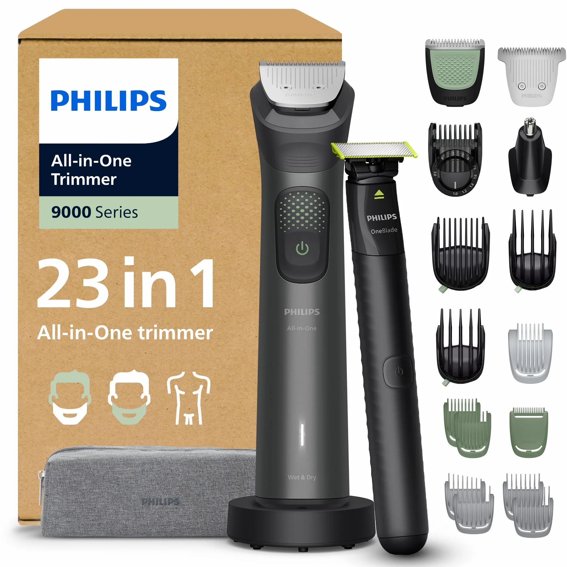 PHILIPS Multigroom Series 9000 All-in-One 23-teiliger Barttrimmer, Haarschneider, und OneBlade-Trimmer – Komplettes Pflegeset für Gesicht, Kopf und Körper, 27 Längeneinstellungen (0,2–20mm), MG9561/30