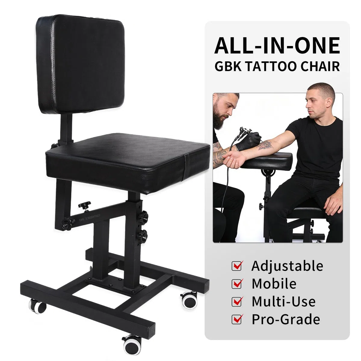 GBK Multifunktionaler Tattoo Stuhl mit Rollen, Verstellbare Tattoo Armlehne & Rückenlehne, Ergonomische Tätowierarmauflage, Mobile Tattoo Liege für Studio Salon & Tattoowagen Zubehör