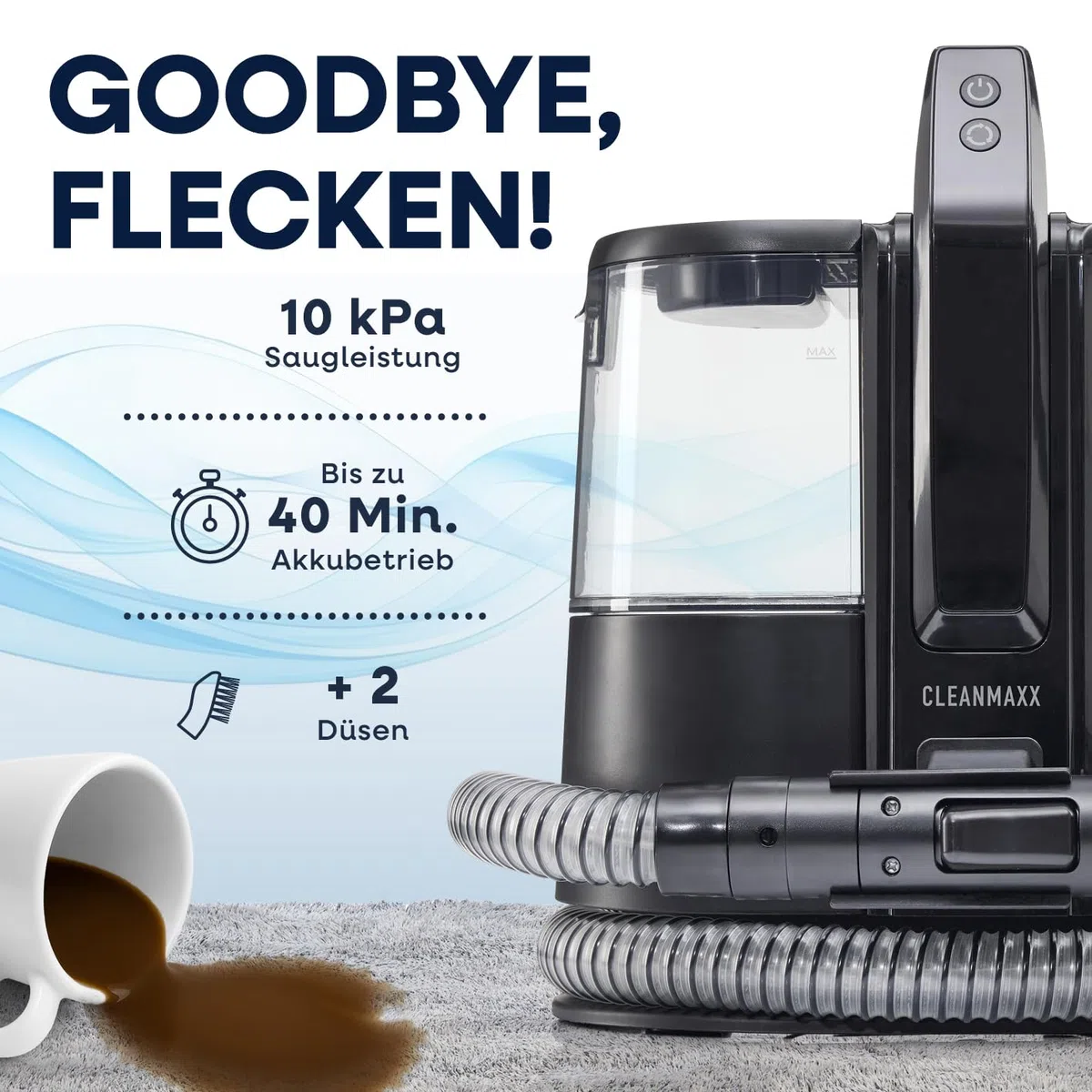 CLEANmaxx Akku Polster- & Teppichreiniger Pro | kompakter Waschsauger zur effektiven Nassreinigung | Nass Trockensauger & Polsterreiniger Gerät in einem | Nasssauger für Camping, Reise, Auto & Garten