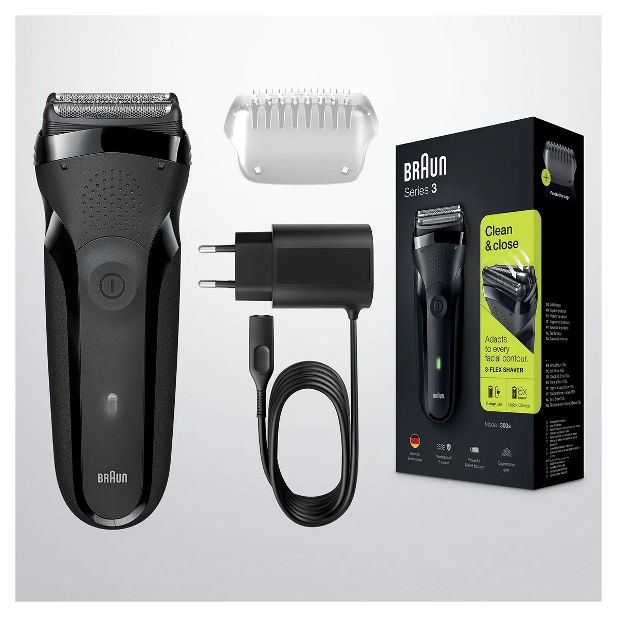 Braun Series 3 Elektrorasierer Herren, Rasierapparat mit 3 Flexiblen Klingen, Kabelloser Elektrischer Rasierer mit 30 Minuten Akkulaufzeit, Abwaschbar – 300s, Schwarz
