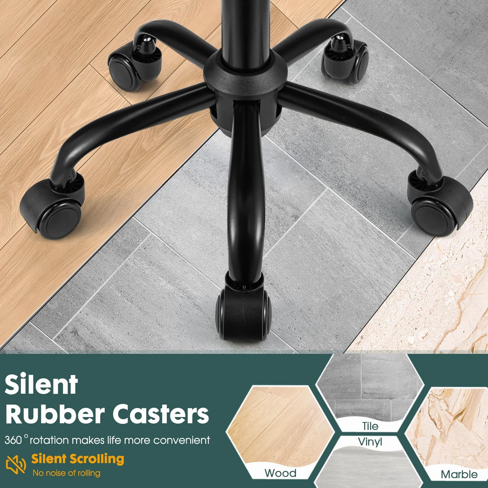 Quadratischer Rollhocker mit Rollen, höhenverstellbar, Drehhocker, Stuhl für Salon, Massage, Spa, Schwarz