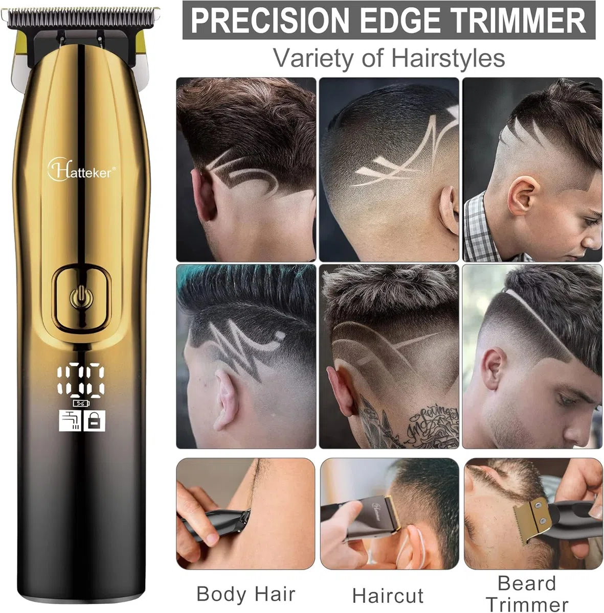 Hatteker Profi Haarschneidemaschine Set Haarschneider Pflegesets Barttrimmer Bartschneider Herren T-förmiger Trimmerkopf T-blade Trimmer Präzisionstrimmer IPX7 Wasserdicht （golden）
